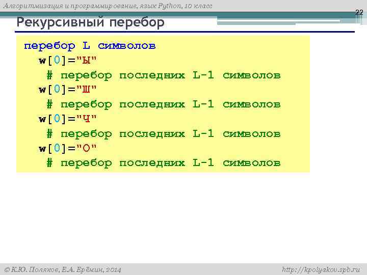 Алгоритмизация и программирование, язык Python, 10 класс Рекурсивный перебор 22 перебор L символов w[0]=