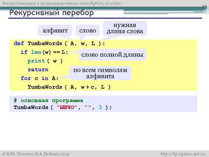 Алгоритмизация и программирование, язык Python, 10 класс Рекурсивный перебор алфавит слово 23 нужная длина