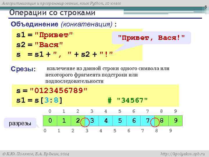 Алгоритмизация и программирование, язык Python, 10 класс 5 Операции со строками Объединение (конкатенация) :