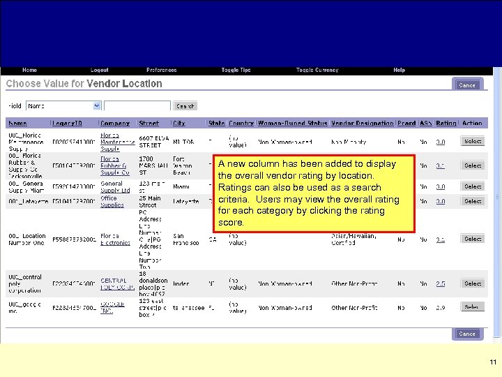 A new column has been added to display the overall vendor rating by location.