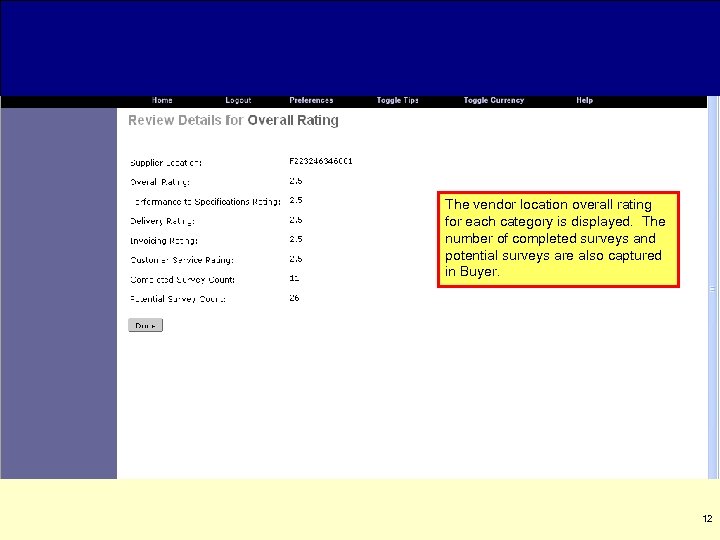 The vendor location overall rating for each category is displayed. The number of completed