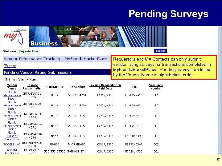 Pending Surveys Requestors and MA Contacts can only submit vendor rating surveys for transactions