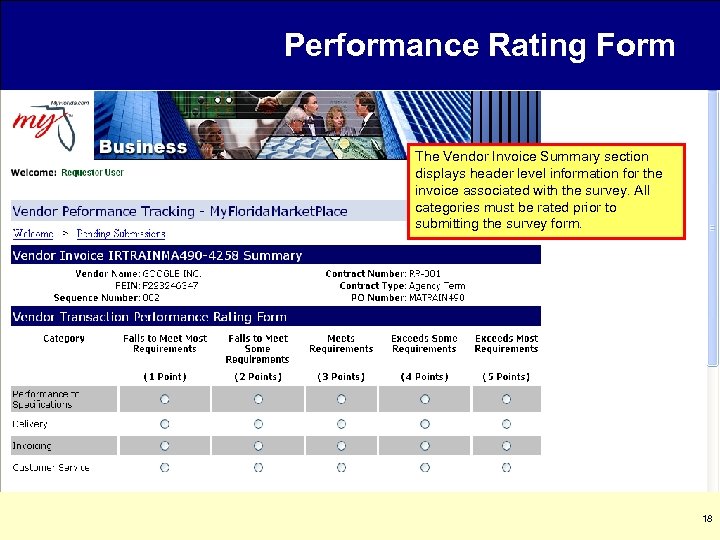 Performance Rating Form The Vendor Invoice Summary section displays header level information for the