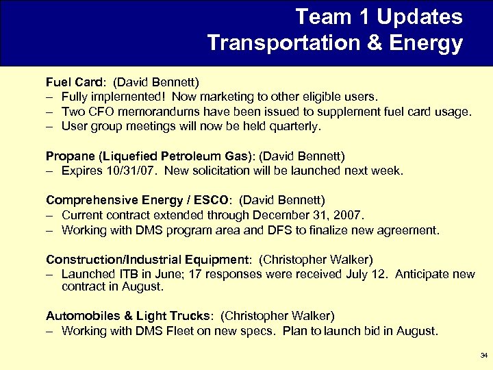 Team 1 Updates Transportation & Energy Fuel Card: (David Bennett) – Fully implemented! Now