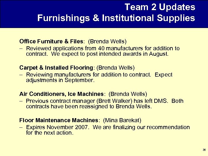 Team 2 Updates Furnishings & Institutional Supplies Office Furniture & Files: (Brenda Wells) –