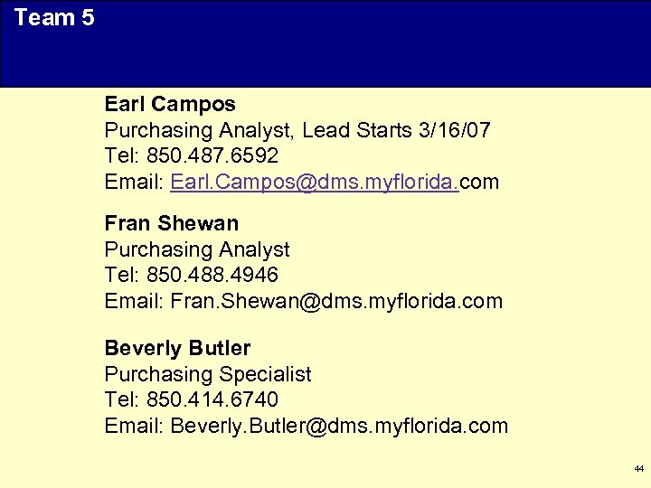 Team 5 Earl Campos Purchasing Analyst, Lead Starts 3/16/07 Tel: 850. 487. 6592 Email: