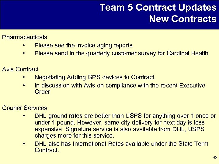 Team 5 Contract Updates New Contracts Pharmaceuticals • Please see the invoice aging reports