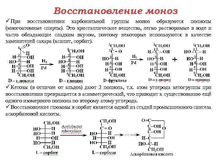 Восстановление моноз ü При восстановлении карбонильной группы моноз образуются полиолы (многоатомные спирты). Это кристаллические