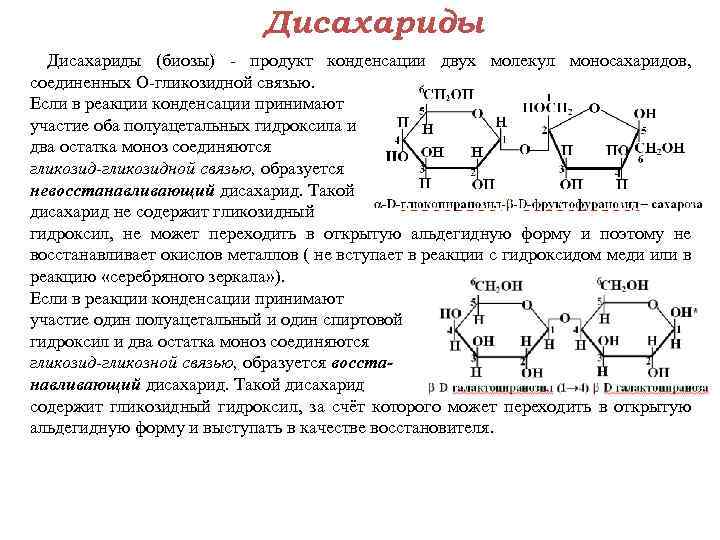 Дисахариды (биозы) продукт конденсации двух молекул моносахаридов, соединенных О гликозидной связью. Если в реакции