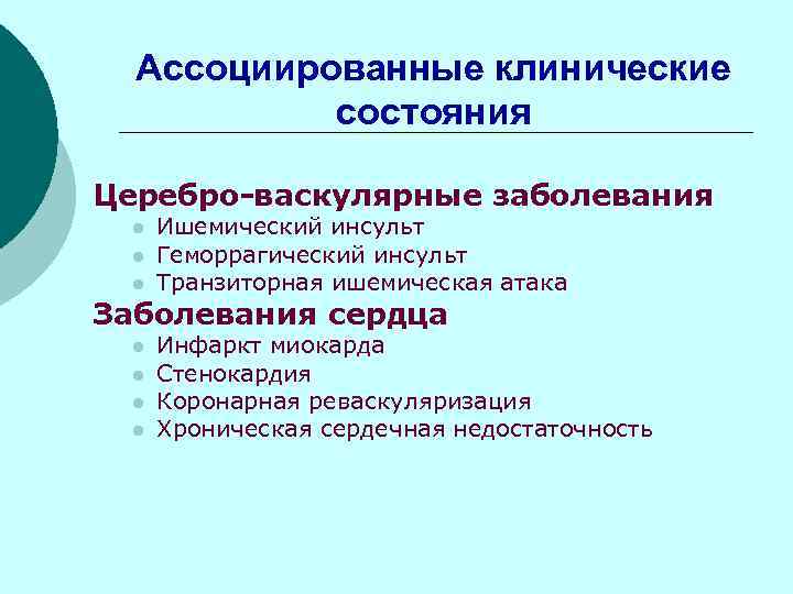 Ассоциированные клинические состояния Церебро-васкулярные заболевания l l l Ишемический инсульт Геморрагический инсульт Транзиторная ишемическая