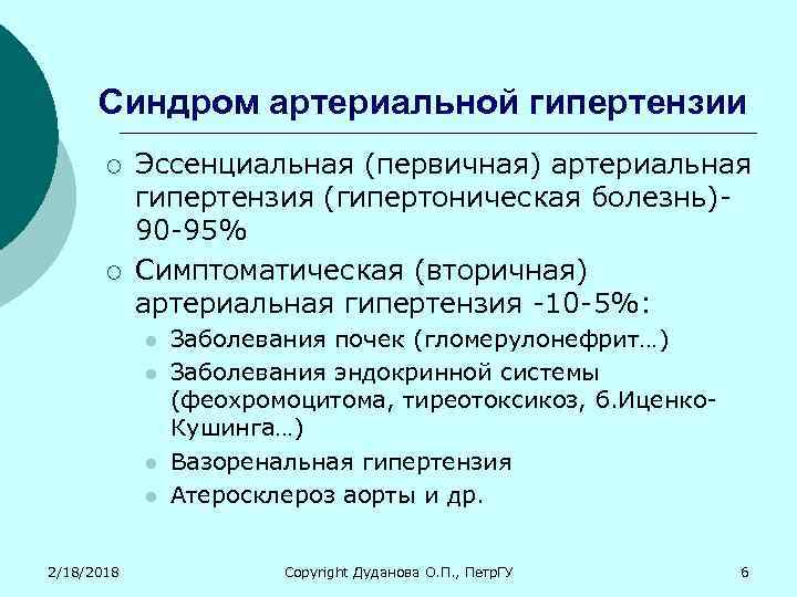 Синдром артериальной гипертензии ¡ ¡ Эссенциальная (первичная) артериальная гипертензия (гипертоническая болезнь)90 -95% Симптоматическая (вторичная)