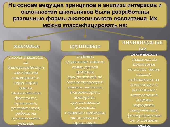На основе ведущих принципов и анализа интересов и склонностей школьников были разработаны различные формы