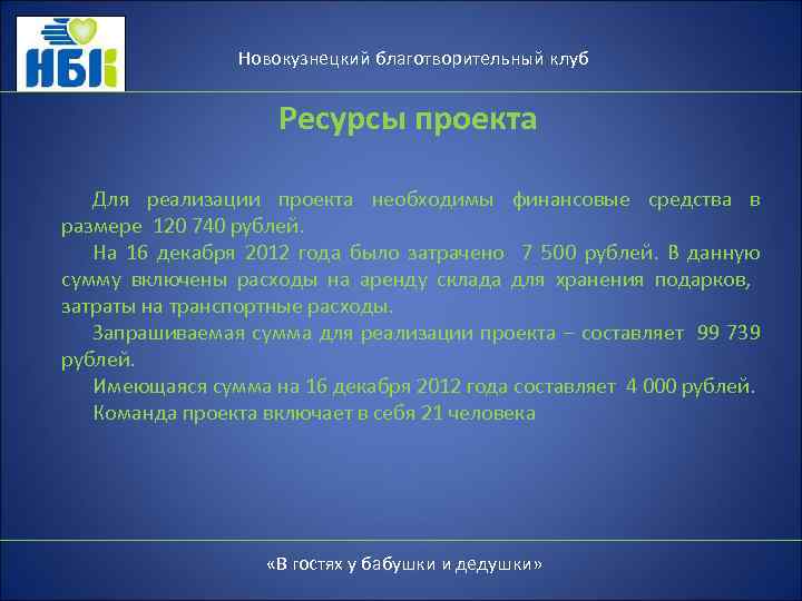 Новокузнецкий благотворительный клуб Ресурсы проекта Для реализации проекта необходимы финансовые средства в размере 120