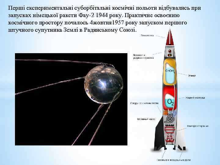 Перші експериментальні суборбітальні космічні польоти відбувались при запусках німецької ракети Фау-2 1944 року. Практичне