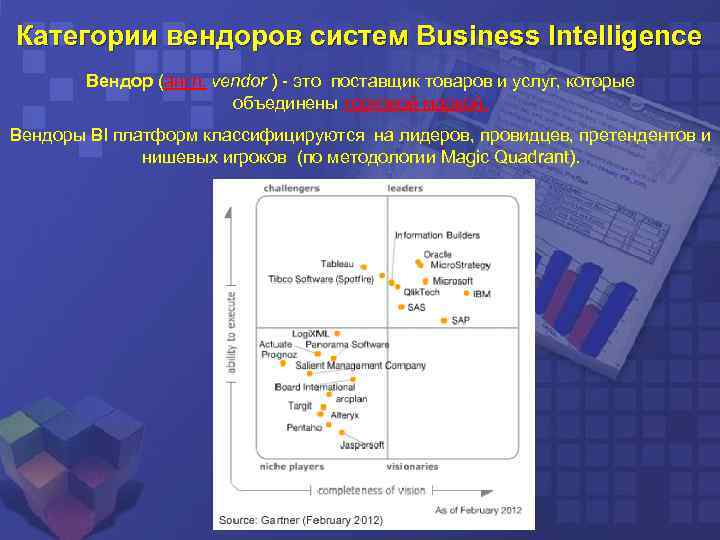 Категории вендоров систем Business Intelligence Вендор (англ. vendor ) - это поставщик товаров и