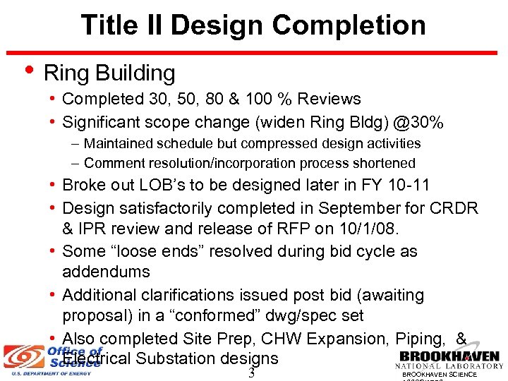 Title II Design Completion • Ring Building • Completed 30, 50, 80 & 100