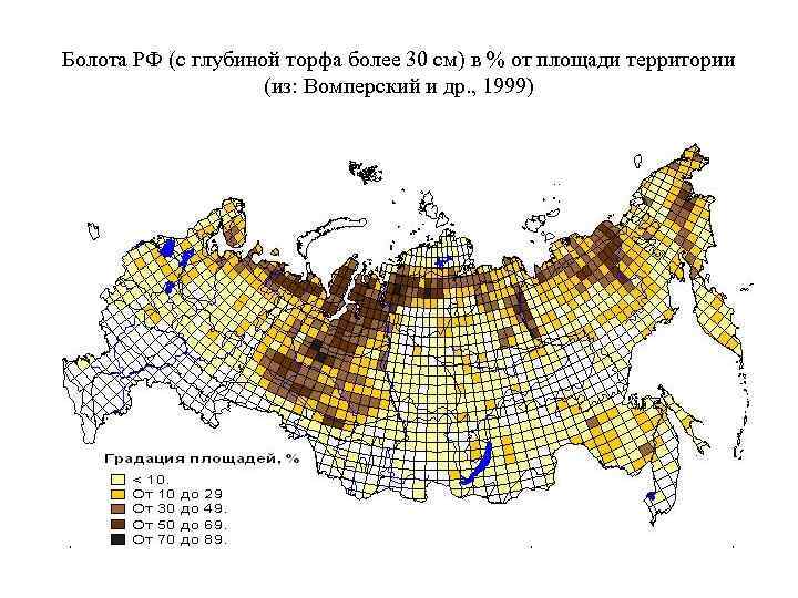 Болота РФ (с глубиной торфа более 30 см) в % от площади территории (из: