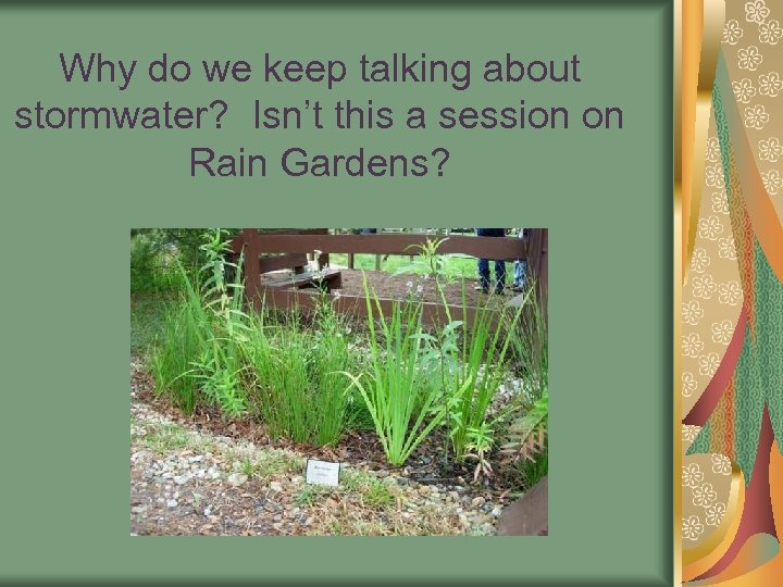 Why do we keep talking about stormwater? Isn’t this a session on Rain Gardens?