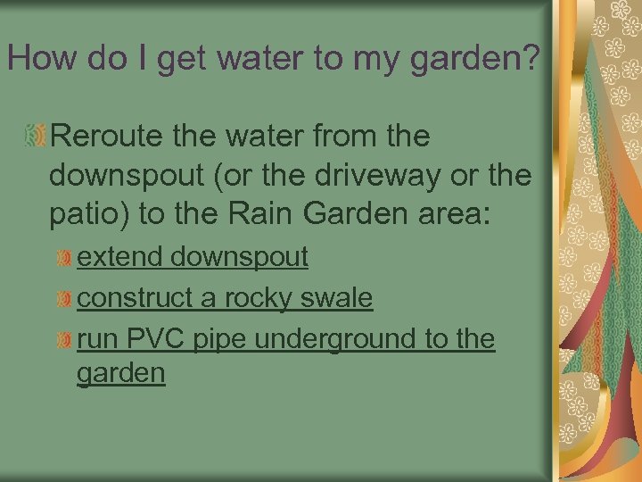 How do I get water to my garden? Reroute the water from the downspout