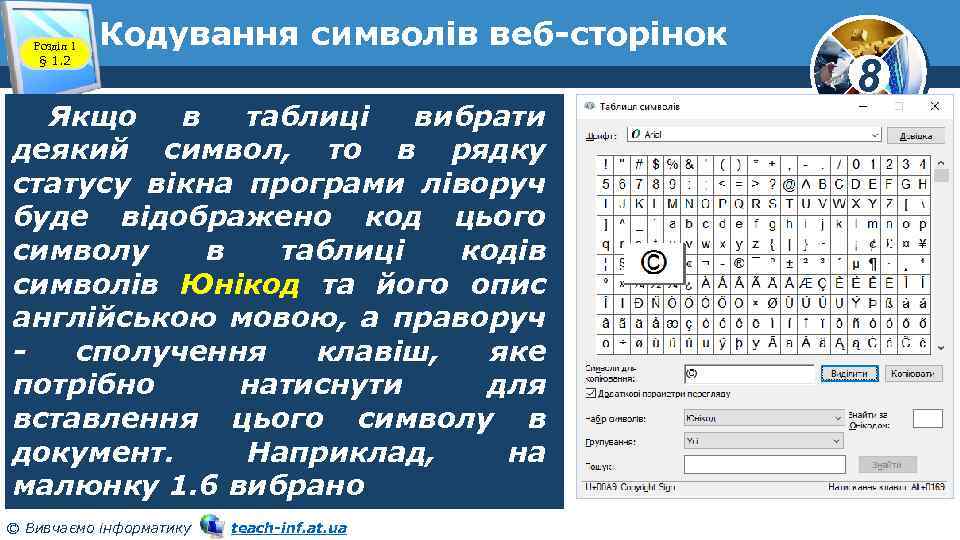 Розділ 1 § 1. 2 Кодування символів веб-сторінок Якщо в таблиці вибрати деякий символ,