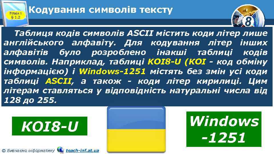 Розділ 1 § 1. 2 Кодування символів тексту 8 Таблиця кодів символів ASCII містить