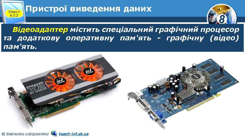 Розділ 2 § 2. 2 Пристрої виведення даних 8 Відеоадаптер містить спеціальний графічний процесор