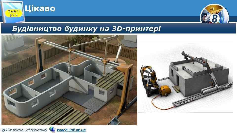 Розділ 2 § 2. 2 Цікаво Будівництво будинку на 3 D-принтері © Вивчаємо інформатику