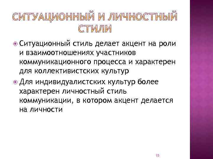  Ситуационный стиль делает акцент на роли и взаимоотношениях участников коммуникационного процесса и характерен