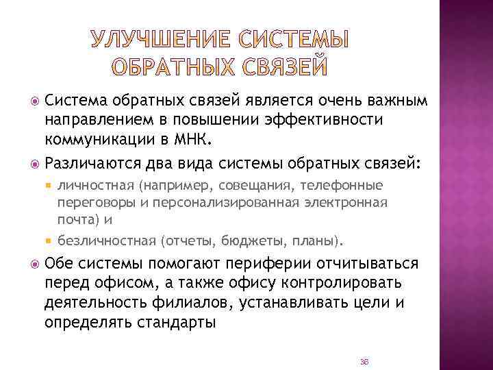 Система обратных связей является очень важным направлением в повышении эффективности коммуникации в МНК. Различаются