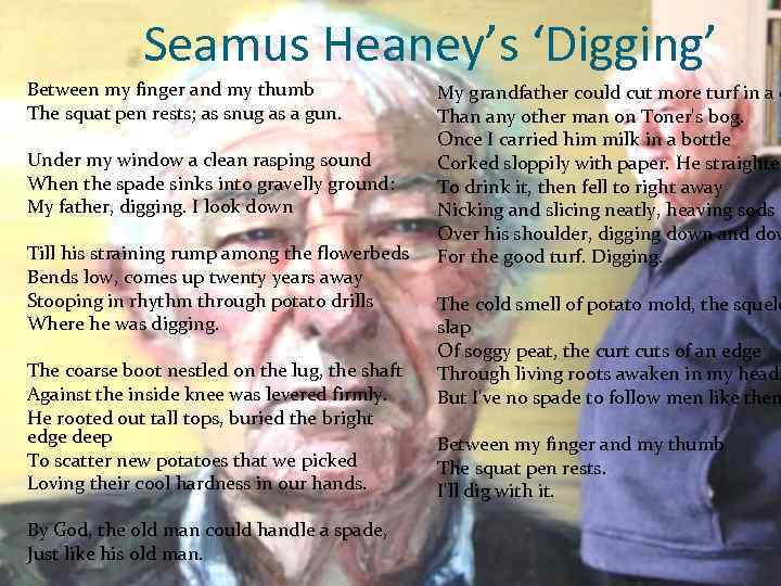 Seamus Heaney’s ‘Digging’ Between my finger and my thumb The squat pen rests; as