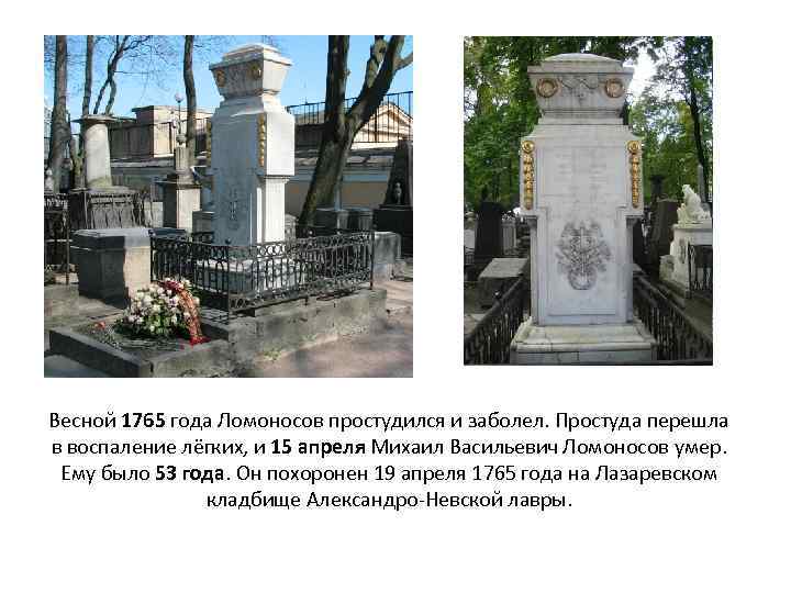 Весной 1765 года Ломоносов простудился и заболел. Простуда перешла в воспаление лёгких, и 15