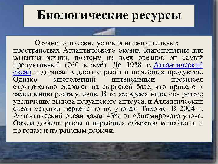 Биологические ресурсы Океанологические условия на значительных пространствах Атлантического океана благоприятны для развития жизни, поэтому
