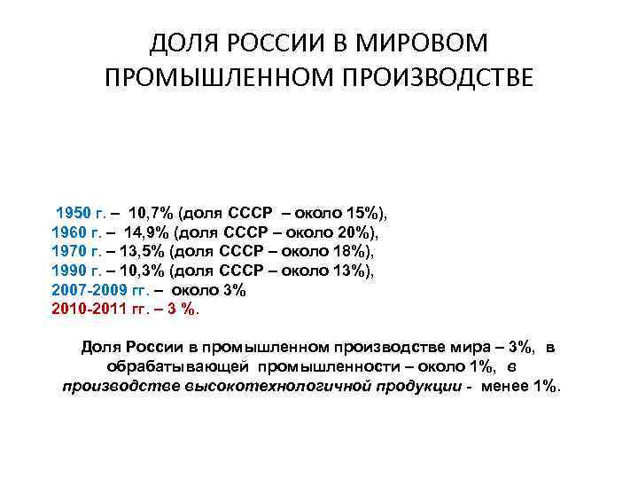 ДОЛЯ РОССИИ В МИРОВОМ ПРОМЫШЛЕННОМ ПРОИЗВОДСТВЕ 1950 г. – 10, 7% (доля СССР –