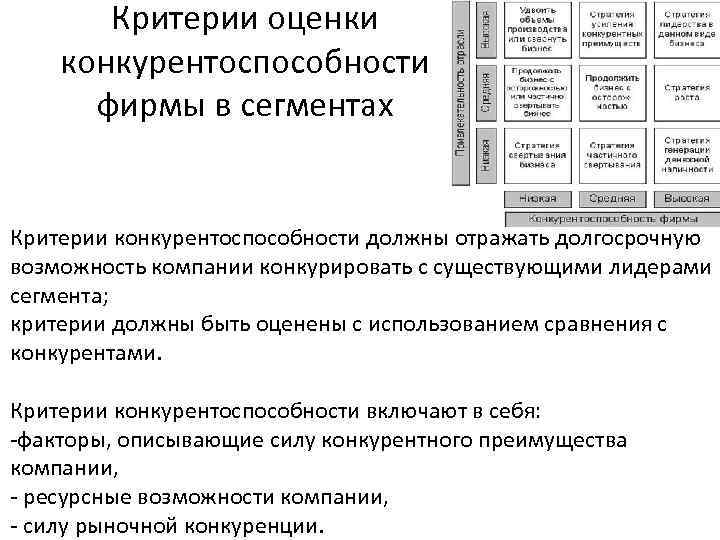 Критерии оценки конкурентоспособности фирмы в сегментах Критерии конкурентоспособности должны отражать долгосрочную возможность компании конкурировать