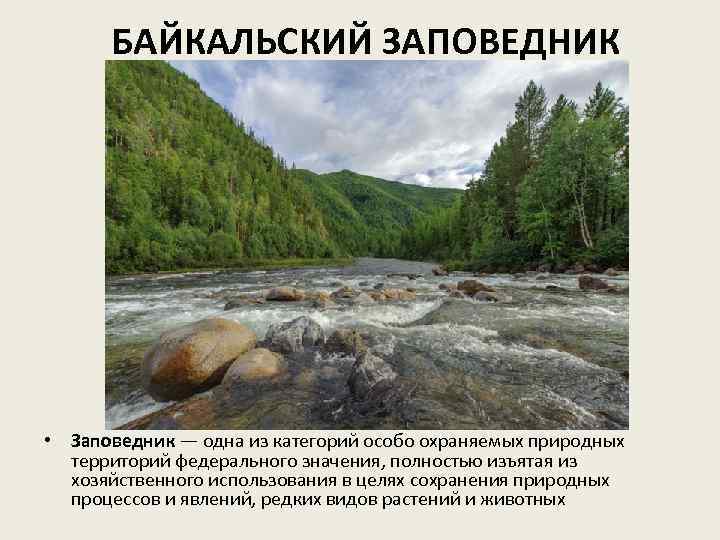 БАЙКАЛЬСКИЙ ЗАПОВЕДНИК • Заповедник — одна из категорий особо охраняемых природных территорий федерального значения,