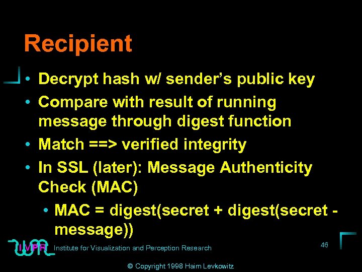 Recipient • Decrypt hash w/ sender’s public key • Compare with result of running