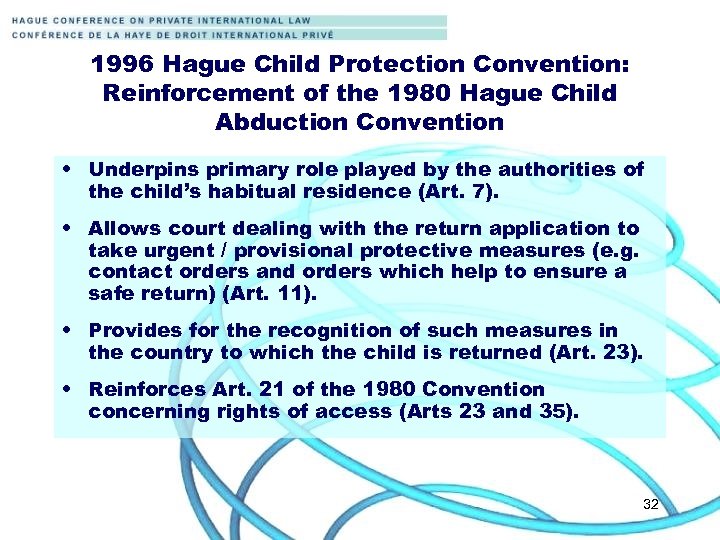 1996 Hague Child Protection Convention: Reinforcement of the 1980 Hague Child Abduction Convention •