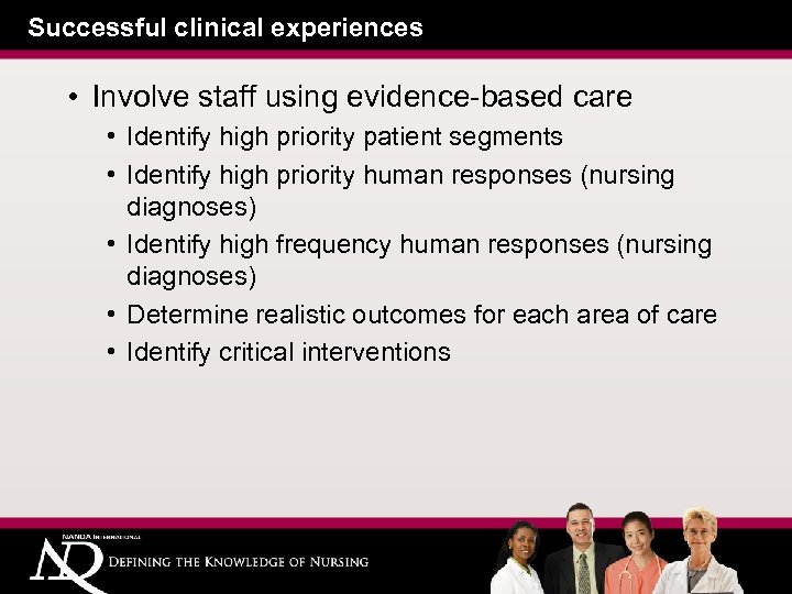 Successful clinical experiences • Involve staff using evidence-based care • Identify high priority patient