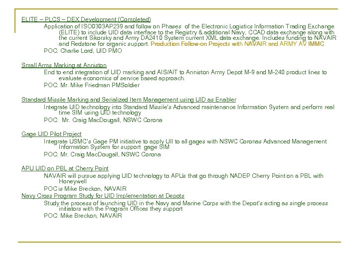 ELITE – PLCS – DEX Development (Completed) Application of ISO 0303 AP 239 and