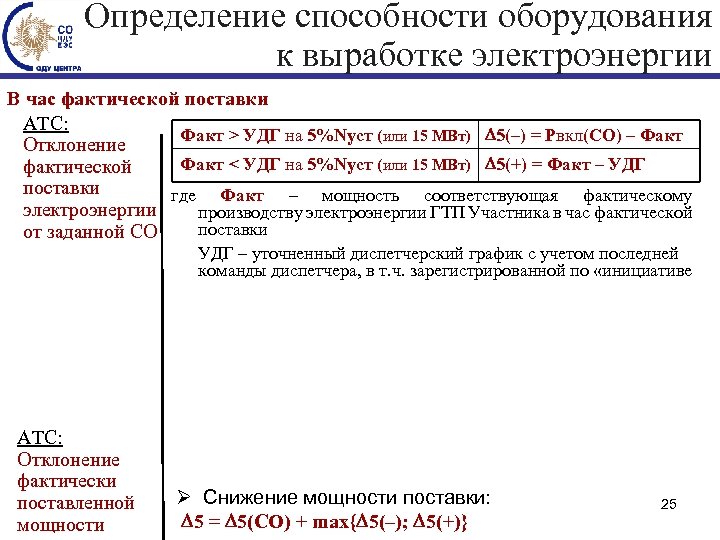 Определение способности оборудования к выработке электроэнергии В час фактической поставки АТС: Факт > УДГ