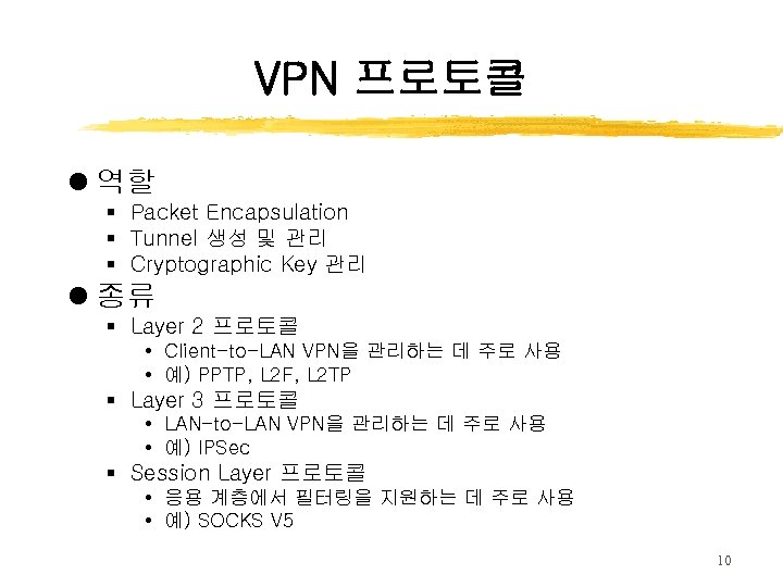 VPN 프로토콜 l 역할 § Packet Encapsulation § Tunnel 생성 및 관리 § Cryptographic