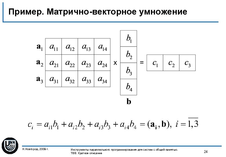 Пример. Матрично-векторное умножение Н. Новгород, 2009 г. Инструменты параллельного программирования для систем с общей