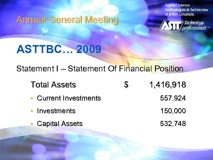 Annual General Meeting ASTTBC… 2009 Statement I – Statement Of Financial Position Total Assets