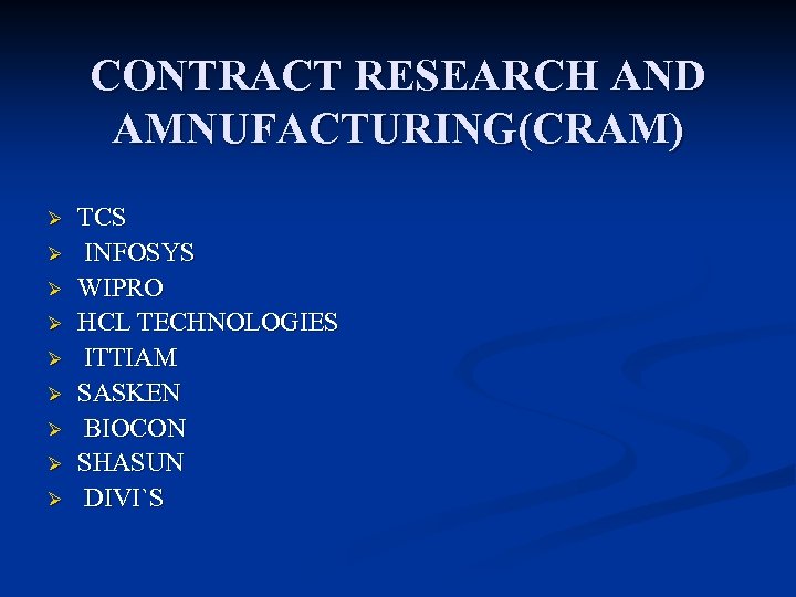 CONTRACT RESEARCH AND AMNUFACTURING(CRAM) Ø Ø Ø Ø Ø TCS INFOSYS WIPRO HCL TECHNOLOGIES