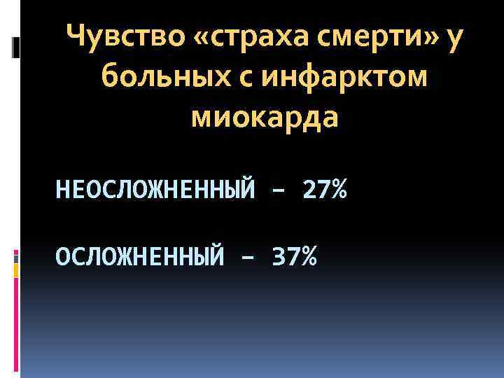 Чувство «страха смерти» у больных с инфарктом миокарда НЕОСЛОЖНЕННЫЙ – 27% ОСЛОЖНЕННЫЙ – 37%