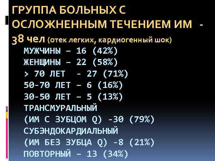 ГРУППА БОЛЬНЫХ С ОСЛОЖНЕННЫМ ТЕЧЕНИЕМ ИМ 38 чел (отек легких, кардиогенный шок) МУЖЧИНЫ –