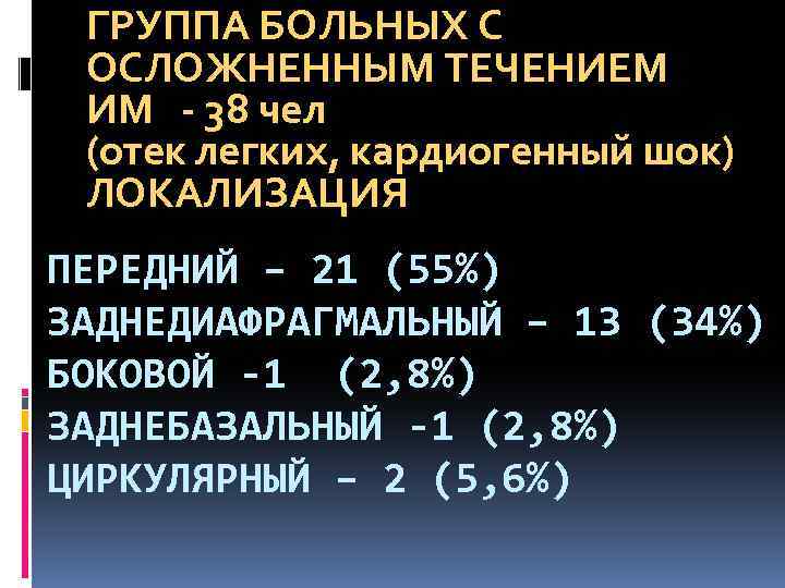 ГРУППА БОЛЬНЫХ С ОСЛОЖНЕННЫМ ТЕЧЕНИЕМ ИМ - 38 чел (отек легких, кардиогенный шок) ЛОКАЛИЗАЦИЯ