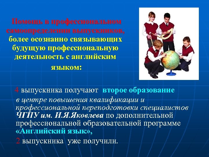  Помощь в профессиональном самоопределении выпускников, более осознанно связывающих будущую профессиональную деятельность с английским