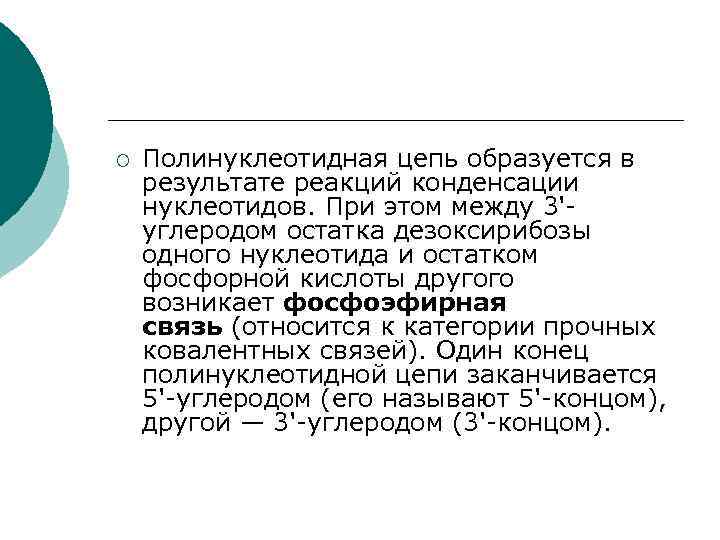 ¡ Полинуклеотидная цепь образуется в результате реакций конденсации нуклеотидов. При этом между 3'углеродом остатка