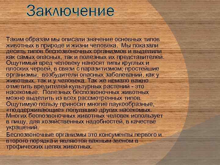 Заключение Таким образам мы описали значение основных типов животных в природе и жизни человека.